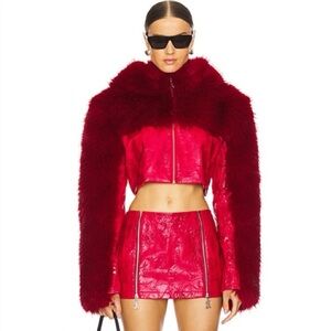 NEW NWOT Kim Shui Cropped Faux Fur Hoodie Jacket In Red